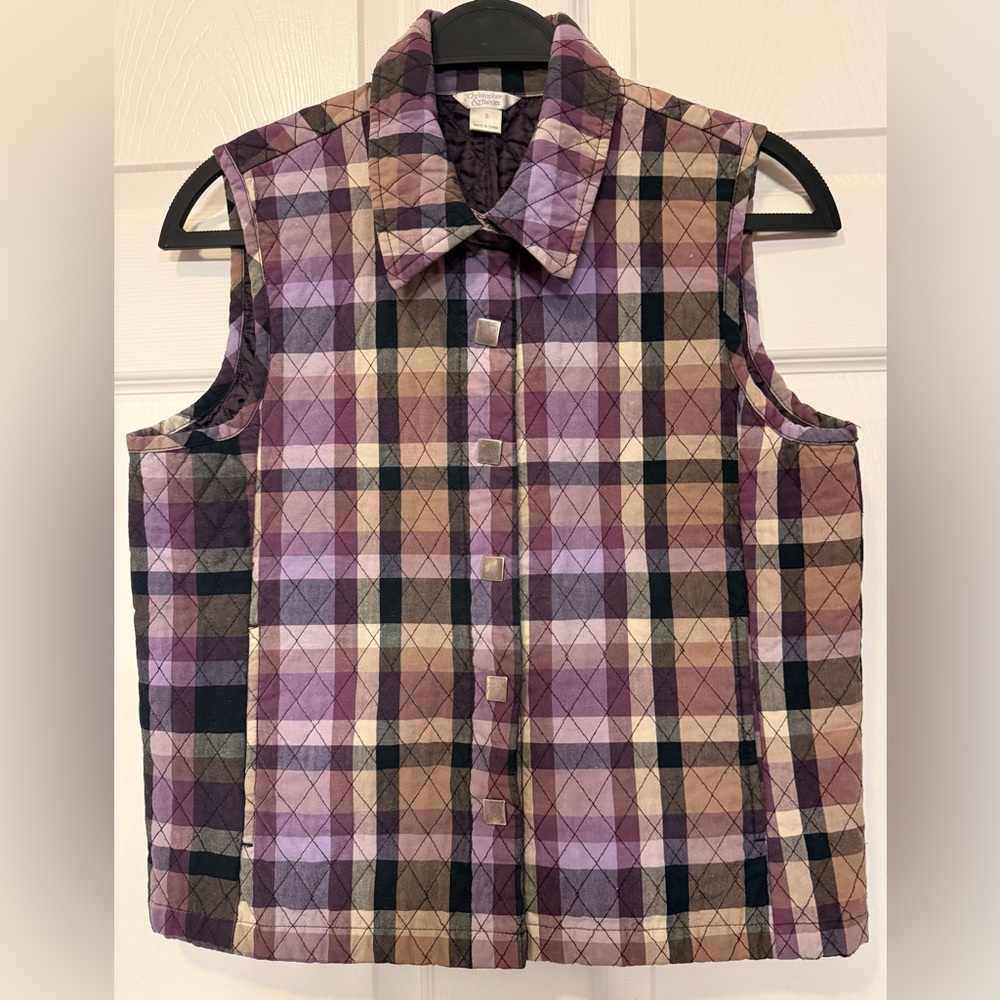 Christopher & Banks Purple Plaid Quilted Snap-Front Vest, Small. - Picture 2 of 10